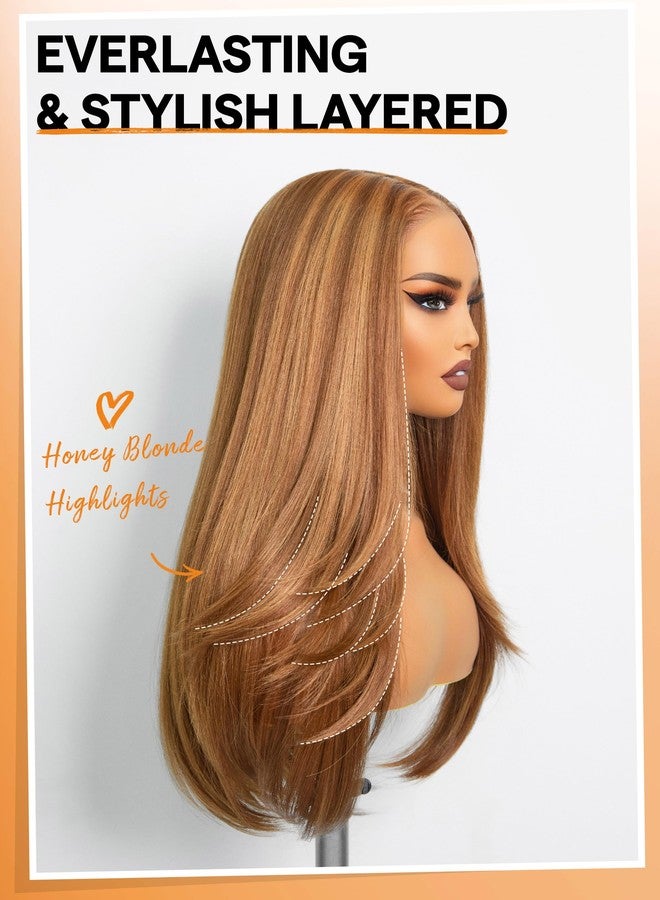 GORGIUS Honey Blonde Straight Layered Wig Glueless Highlight Lace Front Wig Middle Part Pre Cut HD Lace Wig Upgraded with Style-Archive Premium Fiber - Image 4